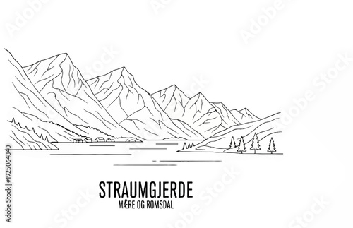 Sketchy line art of a mountain range bordering a calm body of water with trees