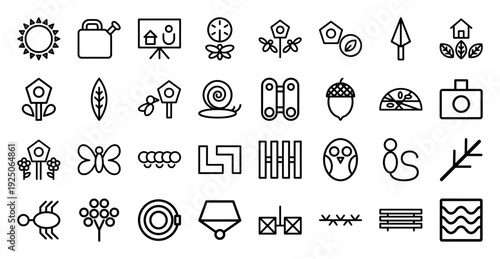 Garden and backyard maintenance monoline pictograms featuring birdhouse, watering can, insects, and landscaping tools for sustainable living graphics.