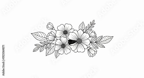 Delicate line drawing of blooming flowers and leaves on a white background