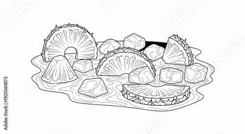 Sliced tropical fruit and ice cubes in liquid
