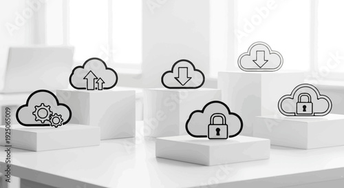 Abstract white cubes display cloud icons for data upload, download, security, and settings