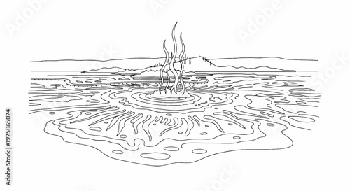 Abstract surreal landscape with fluid formations and fiery plumes