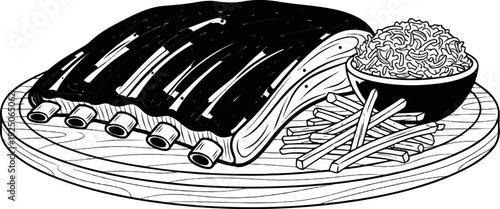 A rack of ribs with french fries and coleslaw on a wooden platter