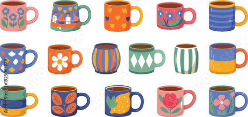 Set of colorful ceramic mugs and cups isolated on white background vector illustration