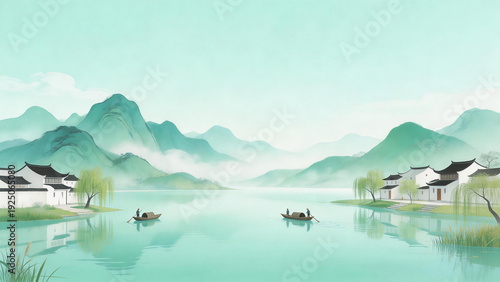 Traditional Chinese Landscape with River Boats