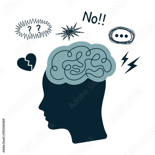 Mental health concept. Human head silhouette with tangled brain and emotional symbols stress anxiety overthinking psychology burnout confusion isolated