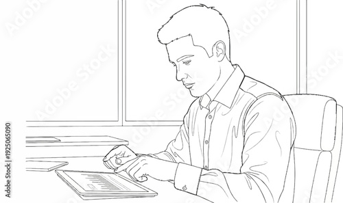 A man in a collared shirt sits at a desk, focused on a tablet computer