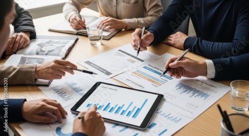 Business team analyzing financial reports and tablet data