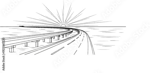 Elevated highway curves over water towards a sunburst horizon at dawn