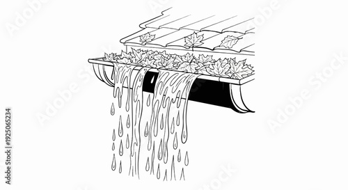 A roof gutter overflows with water and fallen leaves during a rain shower