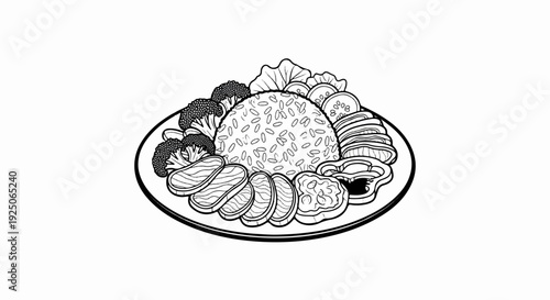 A plate of rice, sliced meat, broccoli, lettuce, and cucumber slices