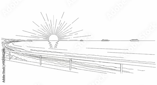 Sunrise over the ocean with ships and a coastal path