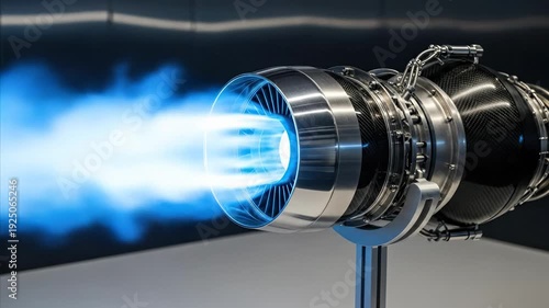 Advanced Jet Engine Turbine Exhausting Powerful Blue Flame and Smoke