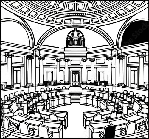 Grand interior of a domed hall with tiered seating and ornate columns