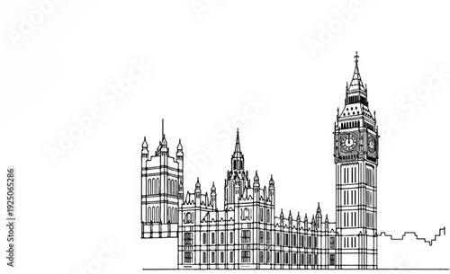 A line drawing depicts the iconic Big Ben and Parliament buildings against a white background