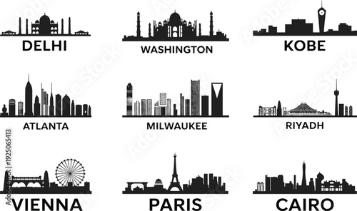 Black city skyline silhouette collection featuring Delhi Washington Kobe Atlanta Milwaukee Riyadh Vienna Paris and Cairo with famous world landmarks and geography location errors