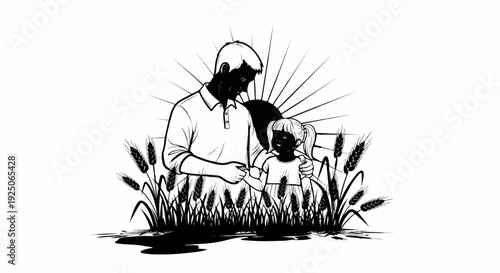 Man and child in wheat field with sunbeams