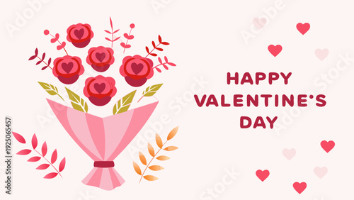 Valentine's day bouquet of red roses with hearts and leaves on pink background