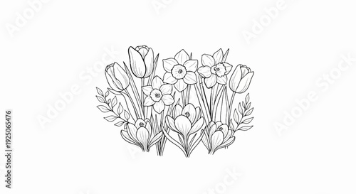 A delightful black and white sketch of a vibrant spring flower arrangement