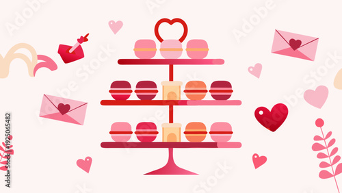 Colorful dessert stand with macarons and sweet treats on a pink background with hearts and letters