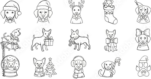 Whimsical line art featuring dogs in festive holiday attire and accessories