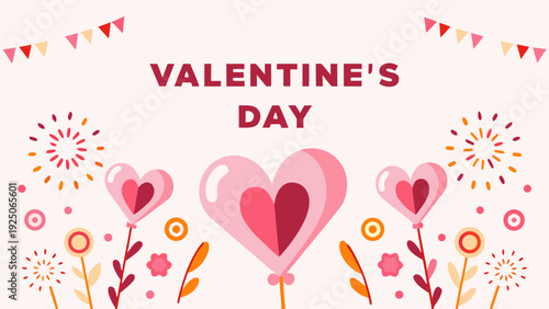 Romantic valentine's day illustration with pink hearts fireworks and festive decorations on white background