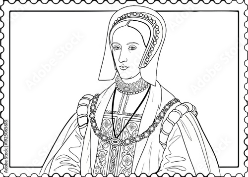 Regal portrait of a historical female figure in ornate period attire, framed