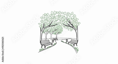 Sketch of a serene park path with benches and trees