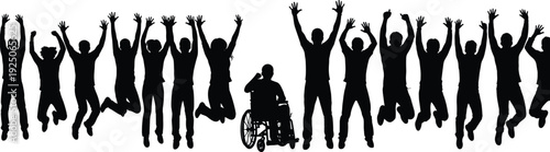 Silhouettes of happy inclusive group jumping and cheering with disabled person in wheelchair, celebrating success, diversity, and freedom on white background