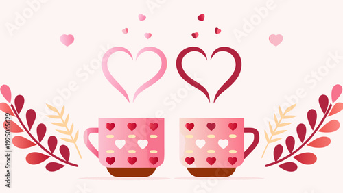 Two pink coffee cups with hearts and leaves on a white background symbolizing love and friendship over a warm beverage