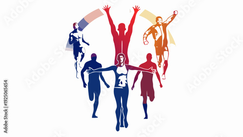 Diverse athletes in motion running and celebrating together in colorful flat illustration style