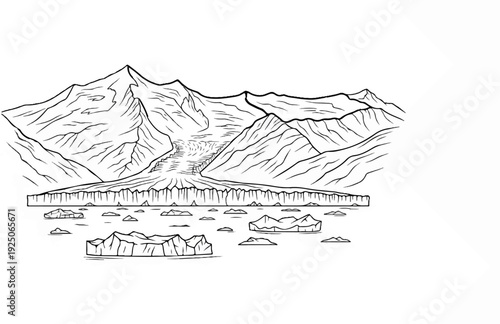 Snowy peaks flow into glacial ice and icebergs on the sea