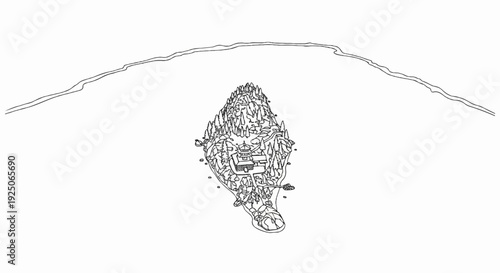 Stylized black and white line drawing of a mountainous island with a pagoda