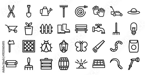 Sustainable gardening and organic farming monoline icons. Heavyweight black line illustrations for landscaping, horticulture, and backyard maintenance projects.