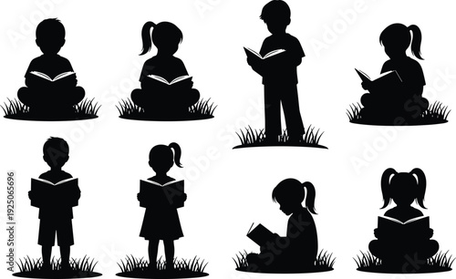 Black silhouette of children reading books outdoors on grass, little boys and girls studying in nature, childhood education and literacy concept.