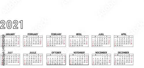 Year 2021 calendar with months displayed in grids