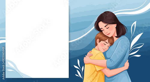 A woman hugging a little boy.