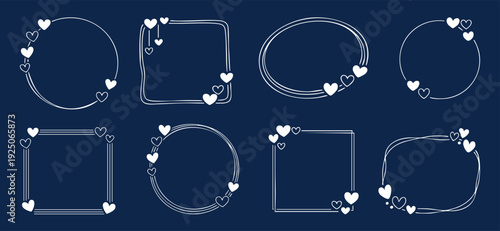 Elegant hand drawn heart frames set in white line style on dark blue background. Romantic circular and square borders perfect for wedding invitations, cards and social media posts.