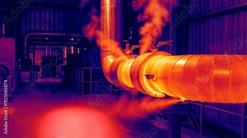 Thermal image of hot industrial steam pipes in an energy plant