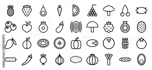 Fresh organic produce and healthy lifestyle elements for nutrition guides. Minimalist monoline icons featuring fruits, vegetables, and botanical superfoods.