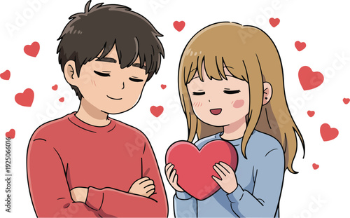 Young couple holding a heart in a romantic cartoon illustration