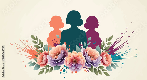 Colorful Silhouette Illustration of Women with Floral Botanical Elements and Abstract Symmetrical Design