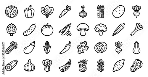 Fresh organic vegetable icons for grocery apps and healthy lifestyle branding. Minimalist monoline pictograms featuring diverse garden produce and nutritional ingredients.