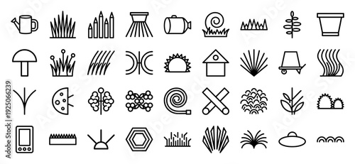 Garden maintenance and landscaping outline symbols featuring irrigation tools, grass care, and cultivation elements. Professional monoline icons for horticulture and outdoor planning.