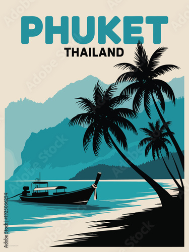 Thailand travel poster, retro Phuket minimalist illustration with turquoise and black text