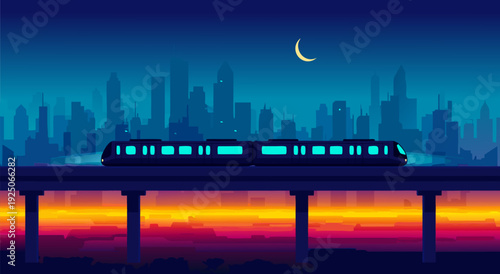 Vector illustration of modern train crossing urban bridge at sunset cityscape dusk skyline vector illustration