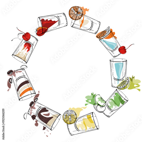 Soda lemonade, fruit and citrus juice, alcoholic beverages. Circular wreath of bright shot glasses in mixed color. Hand drawn in ink for stickers, labels, packaging badges, event icons, cafe coasters.