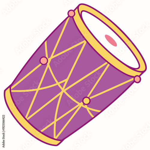 A flat, minimalist digital illustration of a traditional drum, likely an Indian Dhol or Dholak, shown from a tilted perspective.