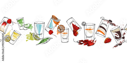 Alcoholic beverages, refreshing drinks, lemonade. Playful seamless strip of multicolor shots. Hand drawn ink vector for lifestyle graphics, decorative borders, recipe layouts and creative stationery.