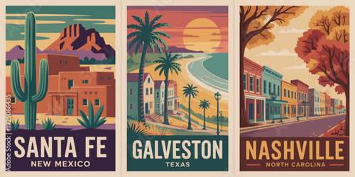 American cities poster, retro New Mexico Texas and North Carolina cityscape illustration